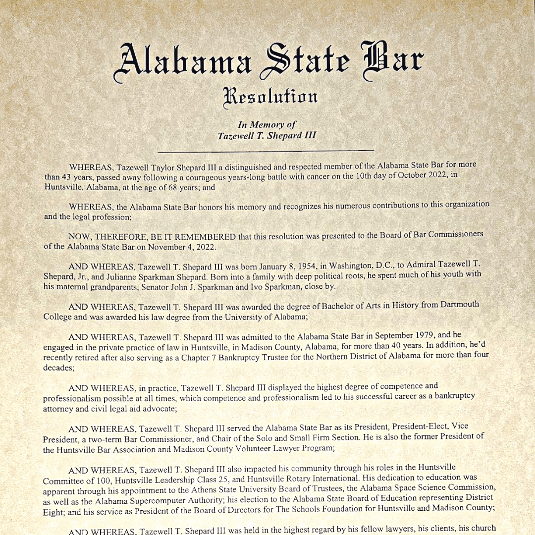 Read more about the article Bar Commissioners Unanimously Pass Memorial Resolution for Past President Taze Shepard