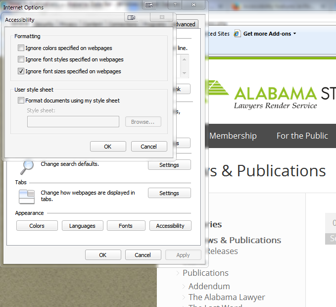 Internet Explorer accessibility dialog